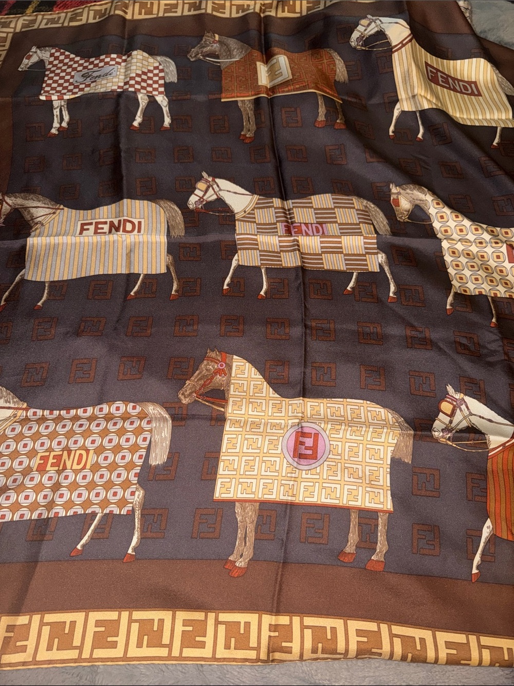 Preloved Fendi Brown & Tan Equestrian Print Silk Scarf excellent condition 33x33